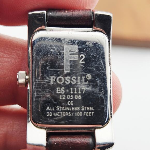 Fossil Women's Silver Rectangle Dial Watch Brown Woven Leather Link Band ES1117 - Picture 6 of 6